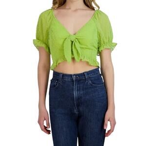 BCBGeneration Women's Short Sleeve Tie Front Green Smocked Back L Crop Top NWT